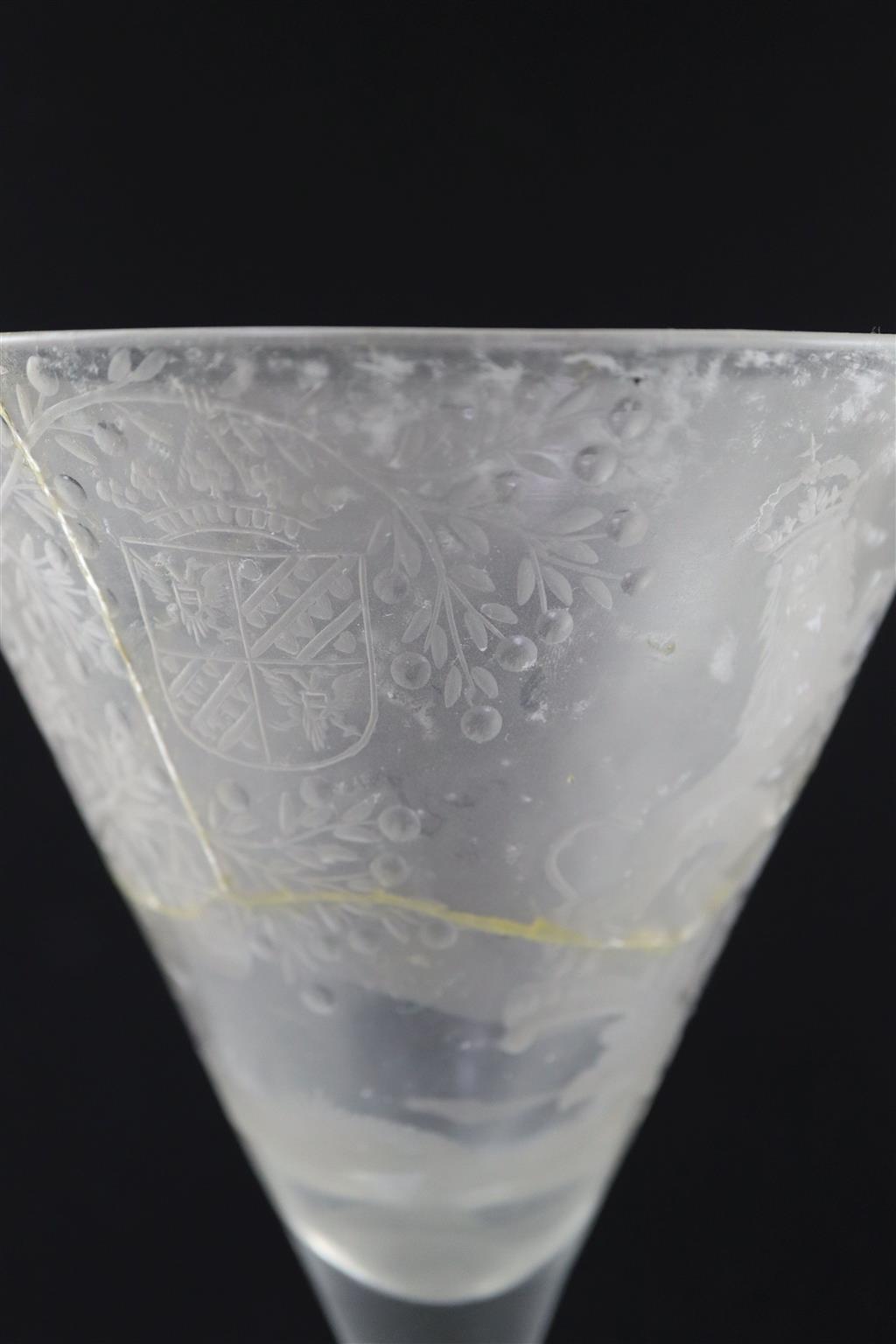 A large Dutch Stadthouder commemorative crizzled glass goblet c.1674, 25.5cm